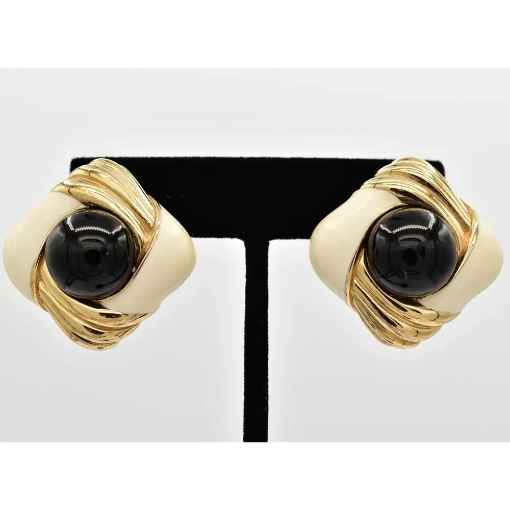 Ciner Vintage Cabochon Clip On Earrings Black Gold Heavy Chunky Signed 70s BinBB